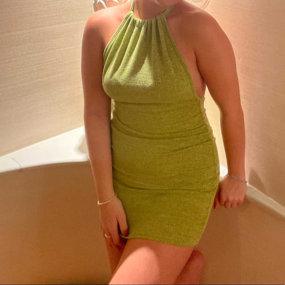 Green halter open back mini dress